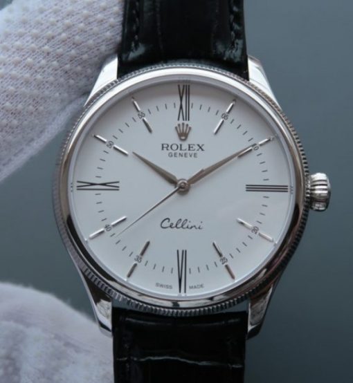 Replica Rolex MK Cellini Time 50509 SS Rome White Dial Leather Strap