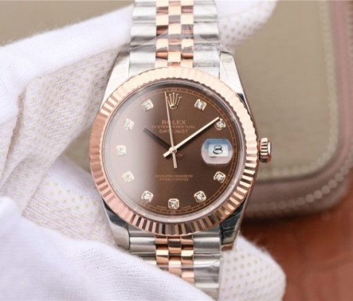 Replica Rolex DateJust 41mm 126331 RG Wrapped Brown Dial Diamonds Markers Bracelet A3235