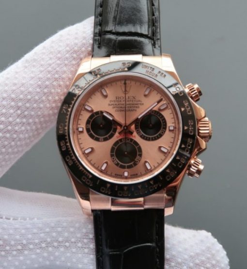Replica Rolex Daytona 116515 N RG/Black Dial Black Leather Strap A7750