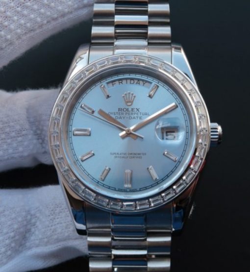 Replica Rolex Day-Date SS Diamonds Bezel Ice Blue Dial Crystal Markers SS Bracelet A3255