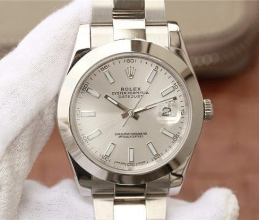 Replica Rolex DateJust 41mm 126300 Noob Polished Bezel Silver Dial Stick Markers Bracelet A3235