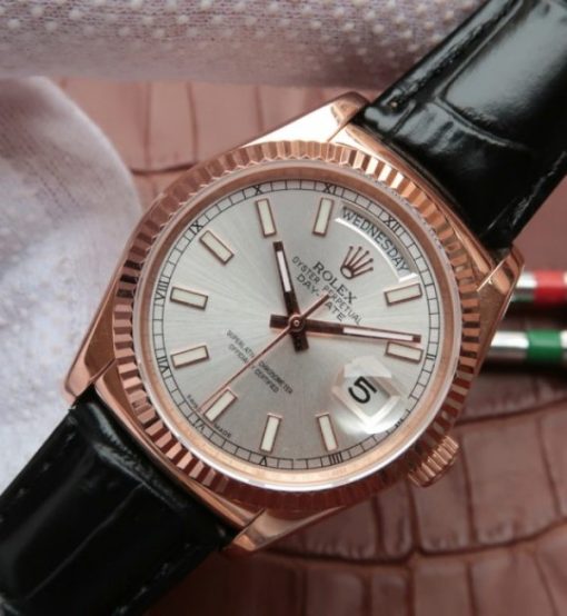 Replica Rolex Day-Date 118135 RG Silver Dial Black Leather Strap A2836 - Image 2