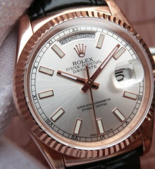 Replica Rolex Day-Date 118135 RG Silver Dial Black Leather Strap A2836 - Image 3