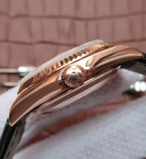 Replica Rolex Day-Date 118135 RG Silver Dial Black Leather Strap A2836 - Image 4