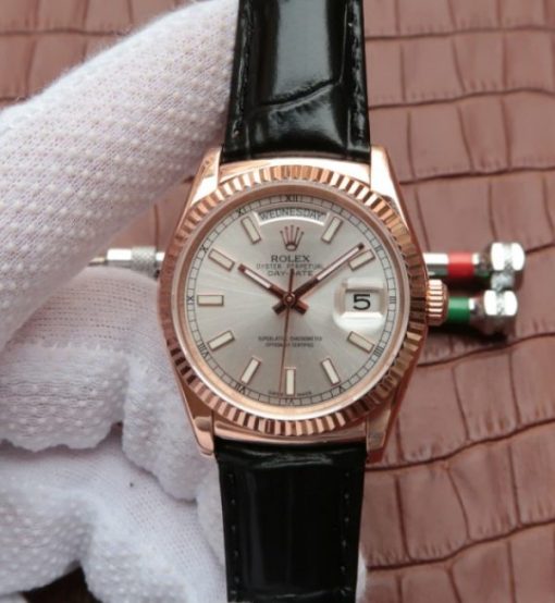 Replica Rolex Day-Date 118135 RG Silver Dial Black Leather Strap A2836