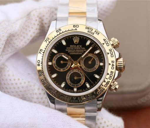 Replica Rolex Daytona 116523 Thick YG Wrapped Black Dial Sticks Markers SS/YG Bracelet A7750