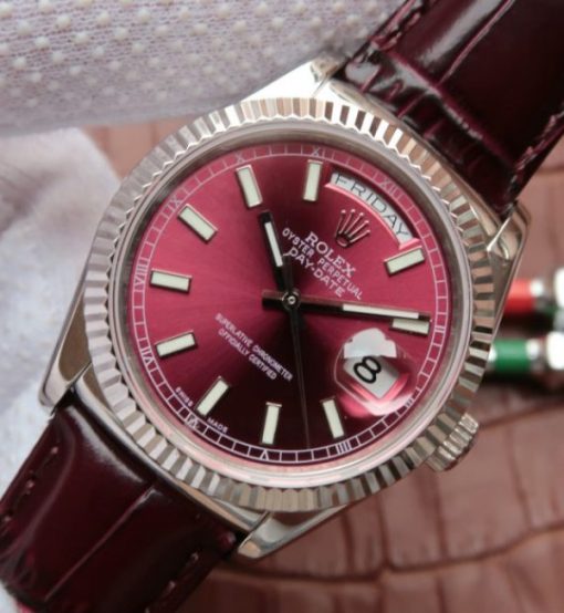 Replica Rolex Day-Date 36mm 118139-L Red Dial Stick Markers Brown Leather Strap A2836 - Image 2