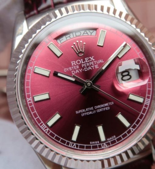 Replica Rolex Day-Date 36mm 118139-L Red Dial Stick Markers Brown Leather Strap A2836 - Image 3