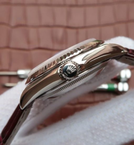 Replica Rolex Day-Date 36mm 118139-L Red Dial Stick Markers Brown Leather Strap A2836 - Image 4
