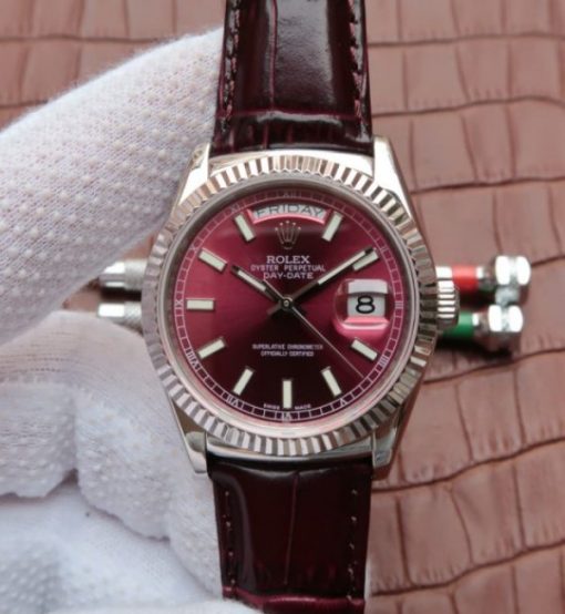 Replica Rolex Day-Date 36mm 118139-L Red Dial Stick Markers Brown Leather Strap A2836