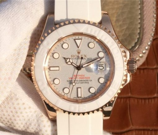 Replica Rolex Yacht-Master 116655 RG White Dial White Ceramic Rubber Strap A2824