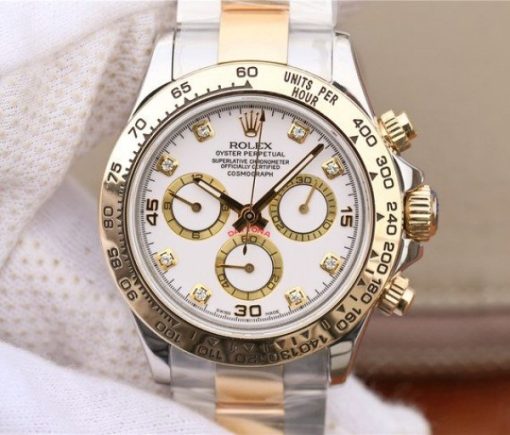 Replica Rolex Daytona 116523 Thick YG Wrapped White Dial Diamonds Markers Bracelet A7750