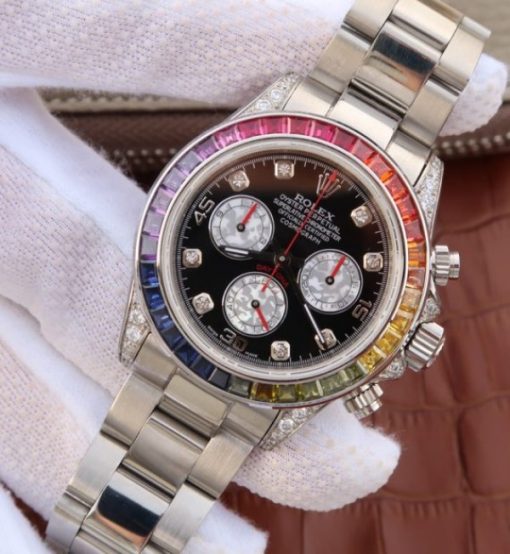 Replica Rolex Daytona 116599 Colorful Crystal Bezel Black Dial SS Bracelet A7750 - Image 2