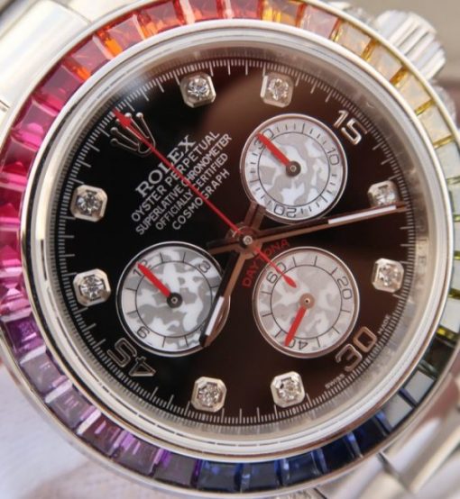 Replica Rolex Daytona 116599 Colorful Crystal Bezel Black Dial SS Bracelet A7750 - Image 3