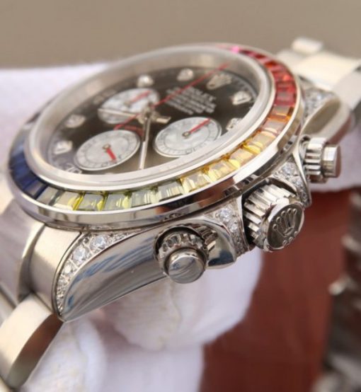 Replica Rolex Daytona 116599 Colorful Crystal Bezel Black Dial SS Bracelet A7750 - Image 4