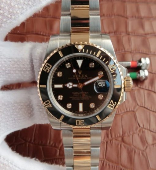 Replica Rolex Submariner 116613 LN Noob Black Dial Diamonds Markers SS/YG Bracelet A3135