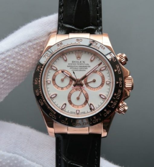 Replica Rolex Daytona 116515 Noob White Dial Black Leather Strap A7750