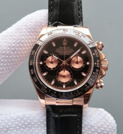Replica Rolex Daytona 116515 Noob Black/RG Dial Black Leather Strap A7750