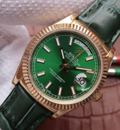 Replica Rolex Day-Date 118138 YG Green Dial Green Leather Strap A2836 - Image 2