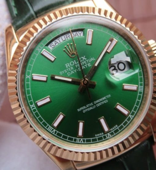 Replica Rolex Day-Date 118138 YG Green Dial Green Leather Strap A2836 - Image 3
