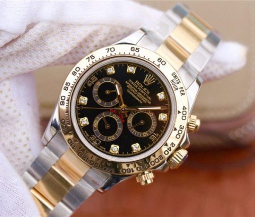 Replica Rolex Daytona 116523 Thick YG Wrapped Black Dial Diamonds Markers SS/YG Bracelet A7750 - Image 2
