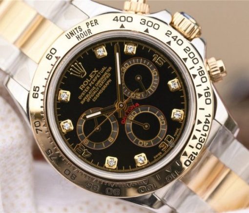Replica Rolex Daytona 116523 Thick YG Wrapped Black Dial Diamonds Markers SS/YG Bracelet A7750 - Image 3