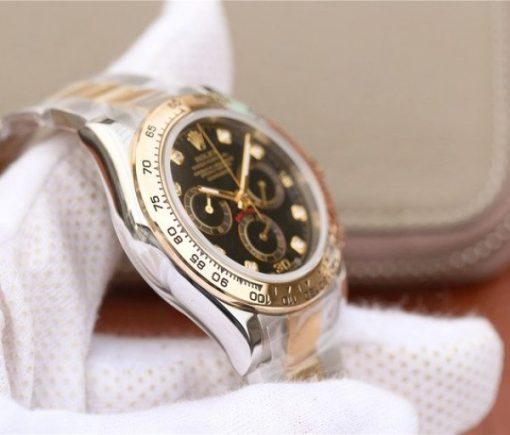 Replica Rolex Daytona 116523 Thick YG Wrapped Black Dial Diamonds Markers SS/YG Bracelet A7750 - Image 6