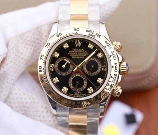 Replica Rolex Daytona 116523 Thick YG Wrapped Black Dial Diamonds Markers SS/YG Bracelet A7750