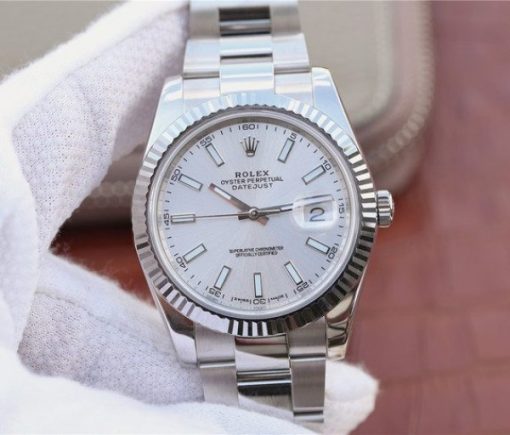 Replica Rolex DateJust 41mm 126334 Noob Fluted Bezel Silver Dial Stick Markers Bracelet A3235