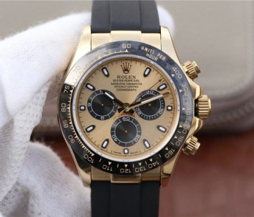 Replica Rolex Daytona 116518 Noob YG/Black Dial Rubber Strap A7750