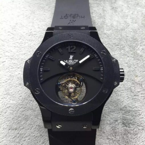Replica Hublot Big Bang Tourbillon Ceramic Case Black Dial Rubber Strap