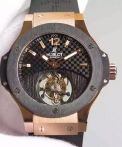 Replica Hublot Big Bang Tourbillon RG Black Textured Dial Black Rubber Strap