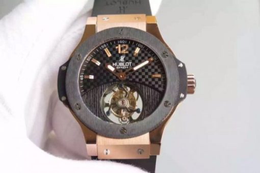 Replica Hublot Big Bang Tourbillon RG Black Textured Dial Black Rubber Strap