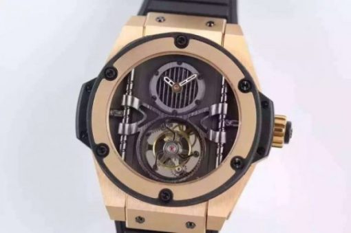 Replica Hublot Big Bang 44mm Vendome Real Tourbillon Rose Gold Black Rubber Strap