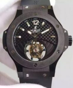 Replica Hublot Big Bang Tourbillon PVD Black Textured Dial Black Rubber Strap