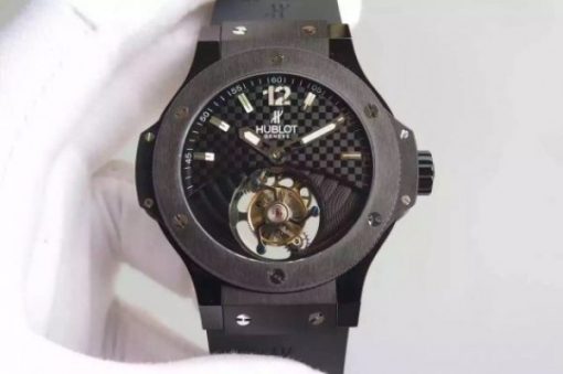Replica Hublot Big Bang Tourbillon PVD Black Textured Dial Black Rubber Strap