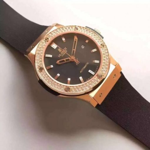 Replica Hublot Big Bang Classic Fusion RG Black Dial Diamonds Bezel Rubber Strap A2824 - Image 2