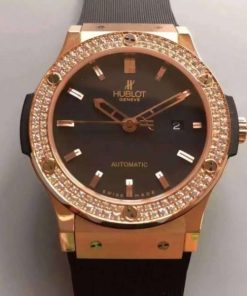 Replica Hublot Big Bang Classic Fusion RG Black Dial Diamonds Bezel Rubber Strap A2824