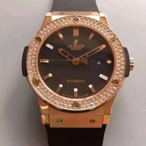 Replica Hublot Big Bang Classic Fusion RG Black Dial Diamonds Bezel Rubber Strap A2824