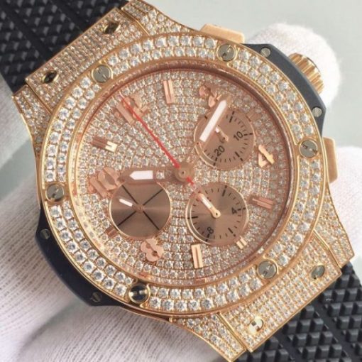 Replica Hublot Big Bang Gold Full Pave Chrono RG Diamonds Dial Black Rubber Strap A7750 - Image 2