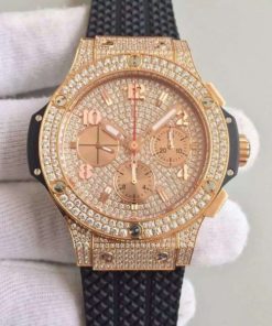 Replica Hublot Big Bang Gold Full Pave Chrono RG Diamonds Dial Black Rubber Strap A7750