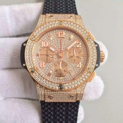 Replica Hublot Big Bang Gold Full Pave Chrono RG Diamonds Dial Black Rubber Strap A7750