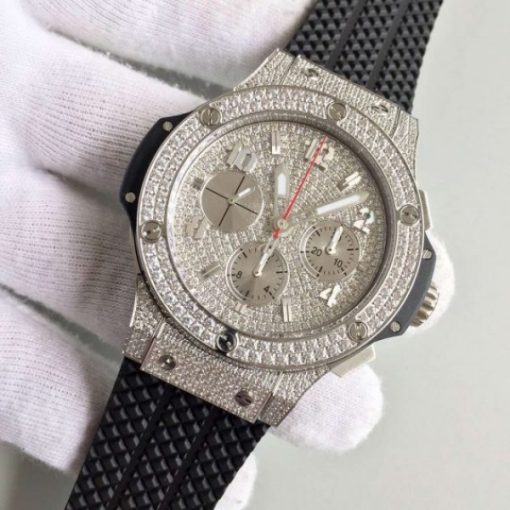 Replica Hublot Big Bang Full Pave Chrono Diamonds Dial Black Rubber Strap A7750 - Image 2