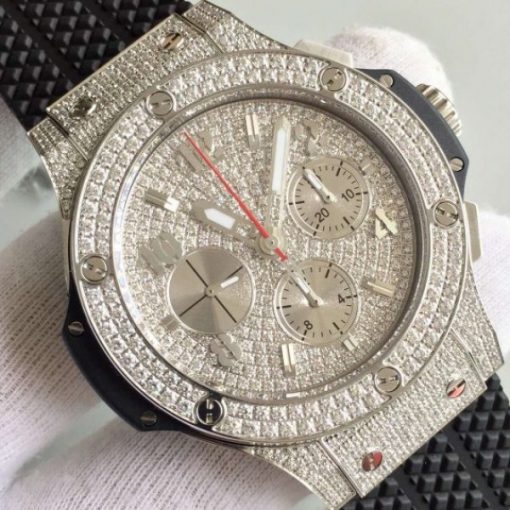 Replica Hublot Big Bang Full Pave Chrono Diamonds Dial Black Rubber Strap A7750 - Image 3
