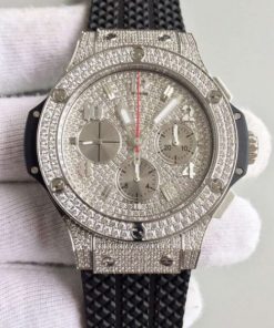 Replica Hublot Big Bang Full Pave Chrono Diamonds Dial Black Rubber Strap A7750
