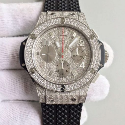 Replica Hublot Big Bang Full Pave Chrono Diamonds Dial Black Rubber Strap A7750