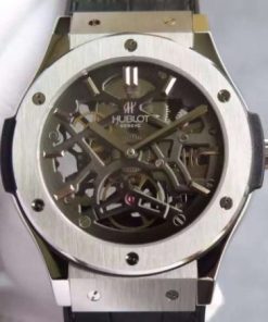 Replica Hublot Classic Fusion Tourbillon 45mm TF Skeleton Dial Black Gummy Strap A23J