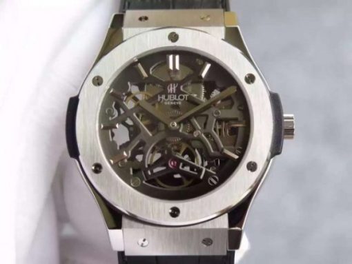 Replica Hublot Classic Fusion Tourbillon 45mm TF Skeleton Dial Black Gummy Strap A23J