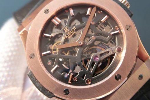 Replica Hublot Classic Fusion Tourbillon RG 45mm TF Skeleton Dial Black Gummy Strap A23J - Image 2