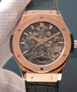 Replica Hublot Classic Fusion Tourbillon RG 45mm TF Skeleton Dial Black Gummy Strap A23J